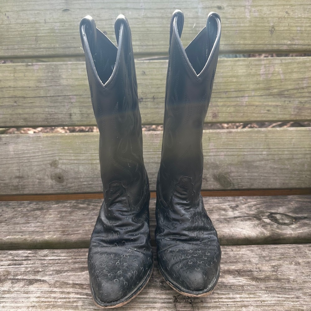 Out West Mens Black Leather Cowboy Boots Ostrich Pointed Toe VCM9010 Size 8.5 - Picture 3 of 10